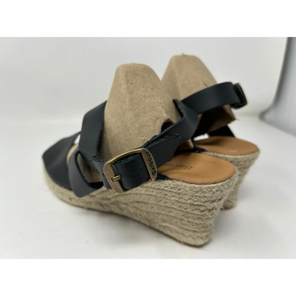 Barbour Black Leather Espadrille Wedge Sandals Buckle Ankle Strap Women's Size 9